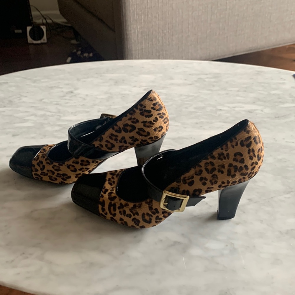 Franco Sarto Black Patent and Leopard Mary Jane Pumps